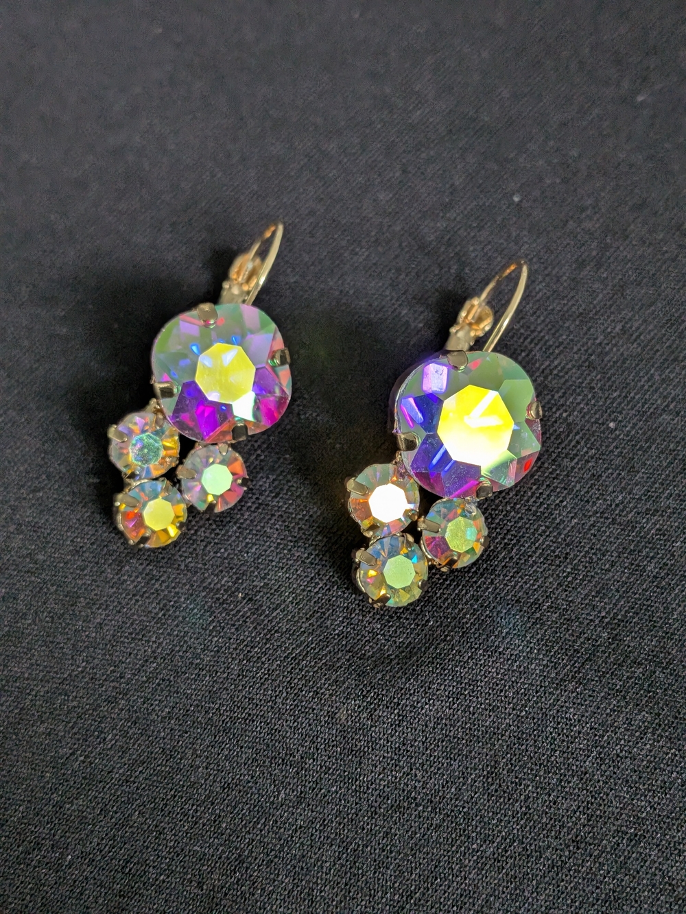 Swarovski Crystal Aurora Borealis Dangle Drop Earrings - Gold  Tone Setting